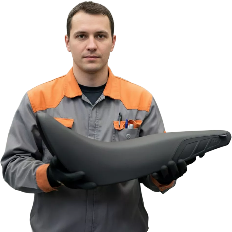 Técnico sosteniendo un asiento de motocicleta Thermoliner de diseño ergonómico, listo para instalar.